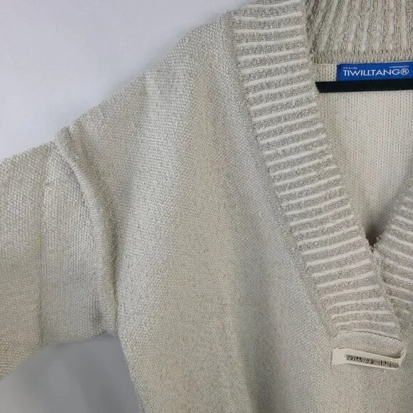 Twilltango Men's Beige Deep V-Neck Sweater With Ribbed Collar Pullover Sz L